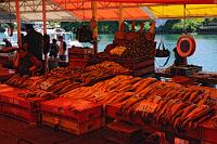 Mercado Fluvial  Am Hafen von Valdivia gibt es einen berühmten kleinen Markt, der täglich abgehalten wird. Auf der einen Seite gruppieren sich Obst, Gemüse und Fleisch, die Wasserseite hingegen ist allen Arten von Frischfisch vorbehalten. Den ganzen Tag lungern hier Pelikane, Kormorane, Möwen, Chimangos und Seelöwen auf die reichlich anfallenden Fischabfälle, die von den Putzertischen sogleich im angrenzenden Meeresarm entsorgt werden.