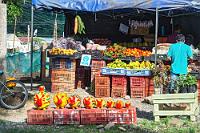 Markttag in Orosi  Wir werden nach langer Fahrt hinter unendlich scheinenden Lastwagenkolonnen, die von der Hafenstadt Limón ins Inland tuckern, auf knapp 1100 m Höhe im Valle de Orosi von bunten Marktständen empfangen.