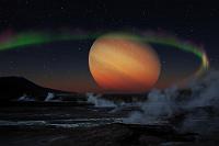 HIP 68410 5.3  Hipparcos-Katalog 68410, Hauptreihenstern Spektralklasse K8 V, 5. Planet Gasriese Ø 153.468 km, 3. Mond vulkanisch Ø 4.853 km   In 124,78 pc Entfernung zu Sol findet man den gelben Hauptreihenstern HIP 68410. Er beherrscht ein Planetensystem von 13 Planeten, 68 Monden und unzähligen Asteoriden. Der 5. Planet, ein orangefarbener Gasriese, umkreist seinen Stern in 183 Mio. km Entfernung etwas außerhalb der Ökosphäre, so dass die Temperatur auf seinen äußeren Monden 153 K nicht überschreitet. Seine inneren Monde werden hingegen unablässig starken Gezeitenkräften ausgesetzt, die die kleinen Himmelskörper förmlich durchwalken und ihre Kerne nicht erkalten läßt. So ist die Oberfläche des dritten Mondes häufigen Erdbeben ausgesetzt und der andauernde Vulkanismus sorgt für das Vorhandensein einer dünnen, sich ständig verflüchtigenden Atmosphäre, in deren oberen Schichten das schwache Magnetfeld die geladenen Sonnenteilchen zu einem leuchtend grünen Aurorakranz versammelt. Die starke geo- und radiologische Aktivität induziert eine von innen kommende Erwärmung der Oberfläche des Mondes und begünstigt damit das Vorhandensein einiger Pfützen flüssigen Wassers, in denen sich erste Keime primitiven Lebens tummeln. Ein interessanter Schauplatz schöpferischer Urgründe!    Vor Jahren hatte ich schon einmal aus Jux erste Versuche einer astronomischen Collage in der FC veröffentlicht.  Da das damalige Echo durchaus positiv war, habe ich mich entschlossen, unter der Rubrik 'Fremde Himmel' sporadisch ein paar weitere 'was-wäre-wenn'-Ansichten zu veröffentlichen – unter Mithilfe meiner bewährten Nikon D300 und dem PC-Teleskop 'Space Engine 0.9.7.1'. Bitte nehmt dies nicht zu ernst und lastet mir vor allen Dingen bloß keine astrophysikalischen Ungenauigkeiten an. Die mitunter vorkommende farbliche Schrillheit ist hingegen den besonderen atmosphärischen und astronomischen Bedingungen der abgebildeten Lokalitäten geschuldet und liegt nicht in meiner Verantwortung ;o).