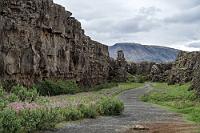 Auf zum "Golden Circle"  Da es vor dem Frühstück wettermäßig noch ganz gut aussieht, macht Maren ein paar Fotos vom Wildwasser vor unserer Hütte mit einem tollen Bergpanorama im Hintergrund. Wir haben unsere Reise bewußt so geplant, dass wir erst nach Umrundung der Insel Ende Juni wieder im Süden, quasi am Beginn unserer Rundtour sind. Noch vor einem Monat waren einige Strecken schneebedingt gesperrt, inzwischen sollten sie aber wieder offen sein. Heute wollen wir zum "Þingvellir", dem Ort, an dem sich seit dem Jahr 930 sämtliche Goden Islands für zwei Wochen zum "Alþing", dem Parlament, versammelten, um Gesetze zu beschließen und Recht zu sprechen. Über dreihundert Jahre fand hier eine Art Volksfest statt, welches eine große Zahl von Isländern zwischen Zelten und Buden feierte, die gut geschützt in der Schlucht aufgebaut waren.