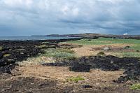 Aussicht auf Meer  Noch in Sichtweite des eben verlassenen Hochtemperaturgebietes lockt uns schon wieder ein Hinweisschild auf den "Brimketetill bílastæði", was immer da sein mag. Vom Parkplatz führt ein von kargem Gras und Lavasteinen gesäumter Weg zu einer Aussichtsplattform direkt an der einige Meter hohen Steilküste.