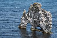Bei uns auf Platz 29  Wir folgen dem "Skagaströnd", der Westküste der Skaga Halbinsel nach Süden. Im Vergleich zu "Tröllaskagi" ist die Landschaft relativ flach und wenig beeindruckend. Es ist einfach ein entspanntes Fahren mit dem Meer auf der einen und den sonnenbeschienenen Wiesen auf der Landseite. Auch der nächste 'todsichere' Seehundfelsen enttäuscht, so dass uns nur die Hoffnung auf den Nächsten bleibt, den wir nach Umrundung der breiten Húnafjörður Bucht erreichen.   Hier, am Fuß der Vatnes Halbinsel, ist mal wieder richtig was los, nicht wegen der – auch hier nicht zu findenden Seehunde –, sondern wegen des Basaltfelsentores Hvítserkur, welches zu einem der 10 Top Fotomotive Islands zählt. Nun ja...