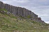 Bollwerk  Vorgestern hatten wir nur noch das Erreichen unseres Hotels im Sinn und haben deshalb versäumt, was wir heute nachholen. Bereits von der Ringstraße hatten wir auf der rechten Seite eine hohe Steinmauer erspäht, zu der wir heute abbiegen. Je näher man kommt, desto imposanter wirkt der Basaltsäulenwall, der sich hunderte Meter entlang einer Hügelkuppe erstreckt. Das Foto zeigt nur das vermeintliche Ende des Walls, der hinter der Straßenbiegung noch ein ganzes Stück weitergeht und damit knapp 1,4 km lang ist. Den markanten Beginn der Gerðubergsäulen zur Westseite hin habe ich mir verkniffen, weil ich dann wieder zu viele Mitmenschen hätte 'removen' müssen ;-). Ein paar Kilometer weiter beschließen wir unseren heutigen und letzten Ausflug auf Snæfellsnes mit dem Versuch, der Seehundkolonie von Ytri Tunga einen Besuch abzustatten. Wir sehen aber schon von der Zufahrt aus, dass auch diese 'sichere' Sichtungslokation verwaist ist, womit wir uns die fällige Parkgebühr getrost sparen können.
