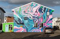 Kunst am Bau  Direkt im Zentrum von Vestmannaeyjabær liegt alles schön eng beieinander. So brauchen wir nur 2 Min. zur Pizzeria und nehmen auf dem Weg dorthin auch gleich noch zwei, drei weitere Lokalitäten in Augenschein, die für morgen Abend eine gute Alternative zum Hotelrestaurant zu sein versprechen. Für isländische Verhältnisse kommen wir heute mit knapp 80€ für zwei Pizzen und Getränken noch günstig weg, sind aber wegen opulenter Größe der Pizzen auch pappsatt. Zurück im Hotel ziehe ich mich mit dem Laptop auf den bequemen Sessel zurück, Maren will jedoch noch den schönen Abendsonnenschein nutzen und schnappt sich die Kamera, um noch den örtlichen Dokumentationspflichten in Form von Lundiwegweisern und häuserwandfüllenden Graffiti zu genügen.