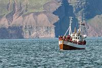 Moby Dick  Wir haben uns mit allen verfügbaren Pullovern und Anoraks warm eingepackt, als wir am Morgen zur Walbeobachtungstour aufbrechen. Wir finden wieder einen gebührenfreien Parkplatz hinter der Kirche und gehen hinüber zu "Northsailing", wo sich schon eine große Anzahl von Teilnehmern eingefunden hat. Trotz des Andrangs sind wir kurz darauf im Besitz unserer Bordkarte und begeben uns hinunter zum Anlegesteg, an dem wir wenig später bei einer detaillierten Einweisung erfahren, welchem Schiff wir zugeteilt sind, ab wann wir an Bord können und das wir mit dem Boarding noch einen Satz wasserfester Schutzkleidung erhalten. Die Menge der Passagiere füllt heute morgen zwei der Holzdampfer, es ist ziemlich eng und das Anlegen der gelben Schutzkleidung artet fast in Artistik aus.