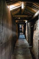 Zentralachse  In dieser Bauweise lassen sich aber keine großen Räume errichten, so dass das Gehöft aus einem Konglomerat von dreizehn kleineren Gebäuden besteht, von denen die neun wichtigsten durch einen zentralen Gang miteinander verbunden sind. Gut erkennbar auch hier die nur teilweise verkleideten Torfwände und die Dachkonstruktion aus hartem, witterungsbeständigen Schwemmholz.